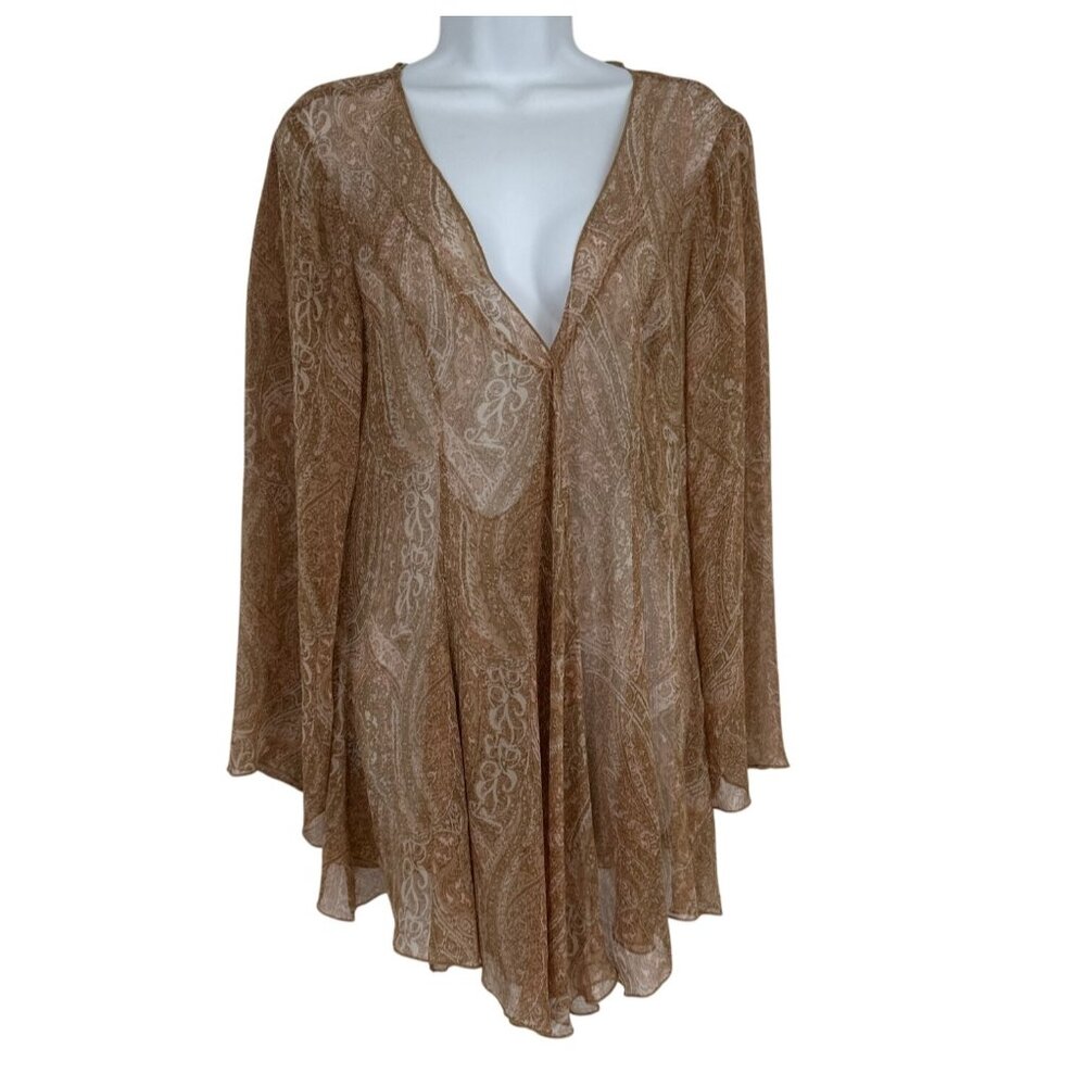 J. Jill Sheer Boho Paisley Long-Sleeve Deep V-Neckline Flowing Hem Size M